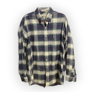 Made in USA Vintage L.L. Bean Shirt Green & Cream Plaid Size L / 17.5" neck